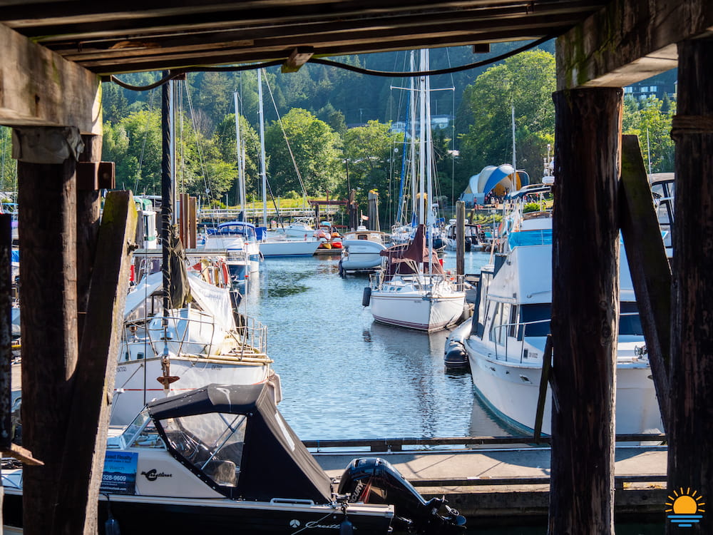 Gibsons Marina as seen from under the Government Dock in Gibsons, BC.