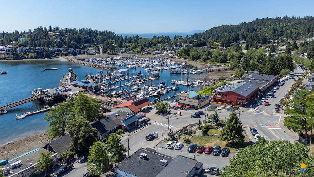 Lower Gibsons, Gibsons Marina, and Molly's Reach as seen from above in June 2026.